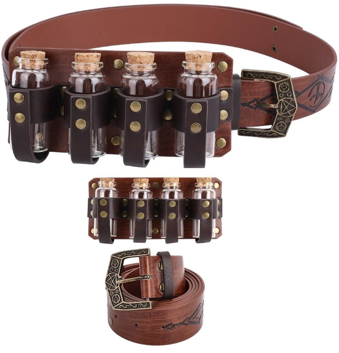 BRENZOOS- Riem Verstelbaar - Middeleeuws Faux Lederen Riem - 4 Toverdrank Flesjes - Cosplay Accessoires - Opbergzak - Gespsluiting - Cosplayriem