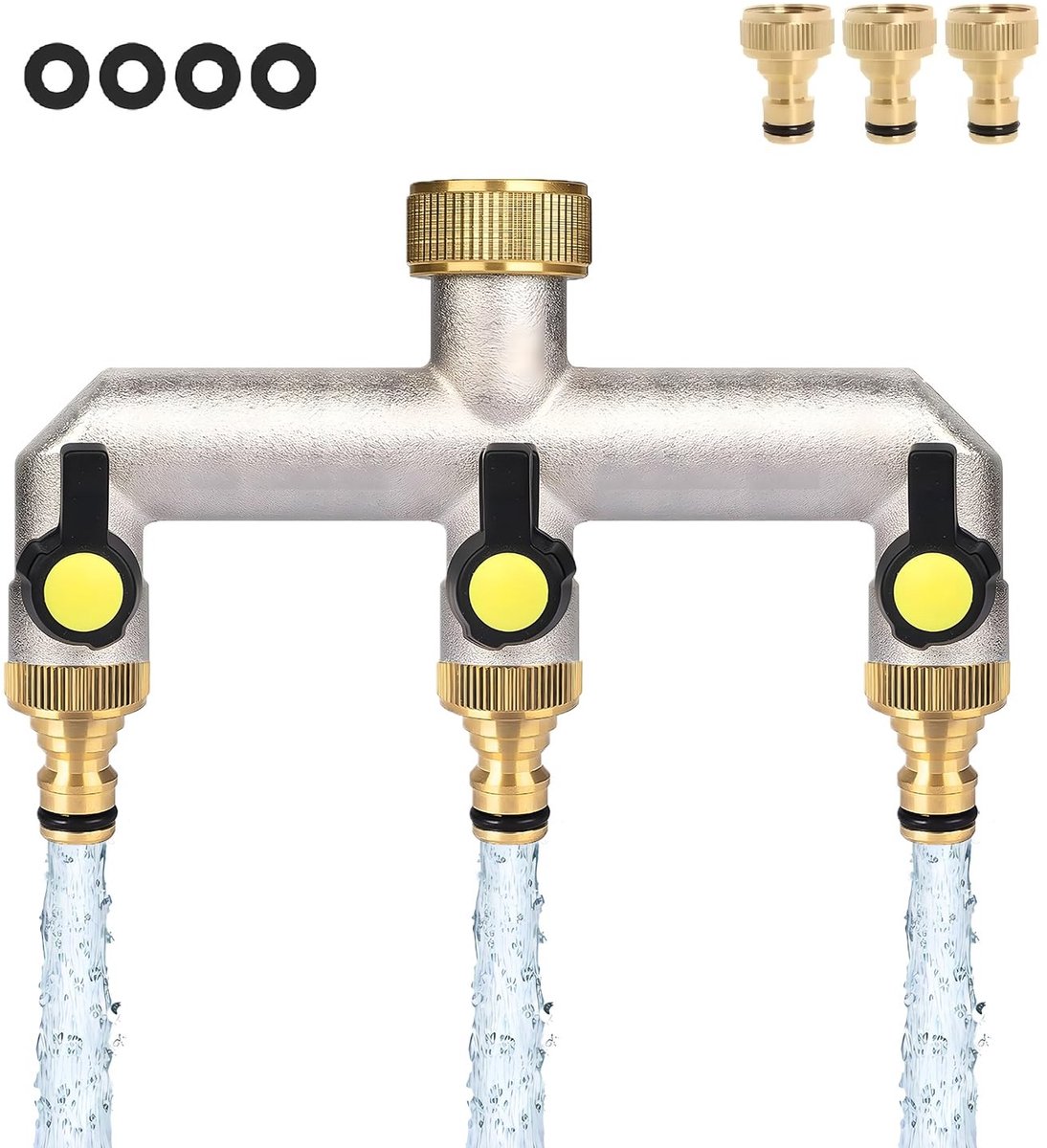 BRENZOOS - 3-way water distributor - Tuin irrigatie - Flexibele wateraansluiting - Kleur brass - Water adapter - Geschikt voor tuin - 3/4 inch adapter