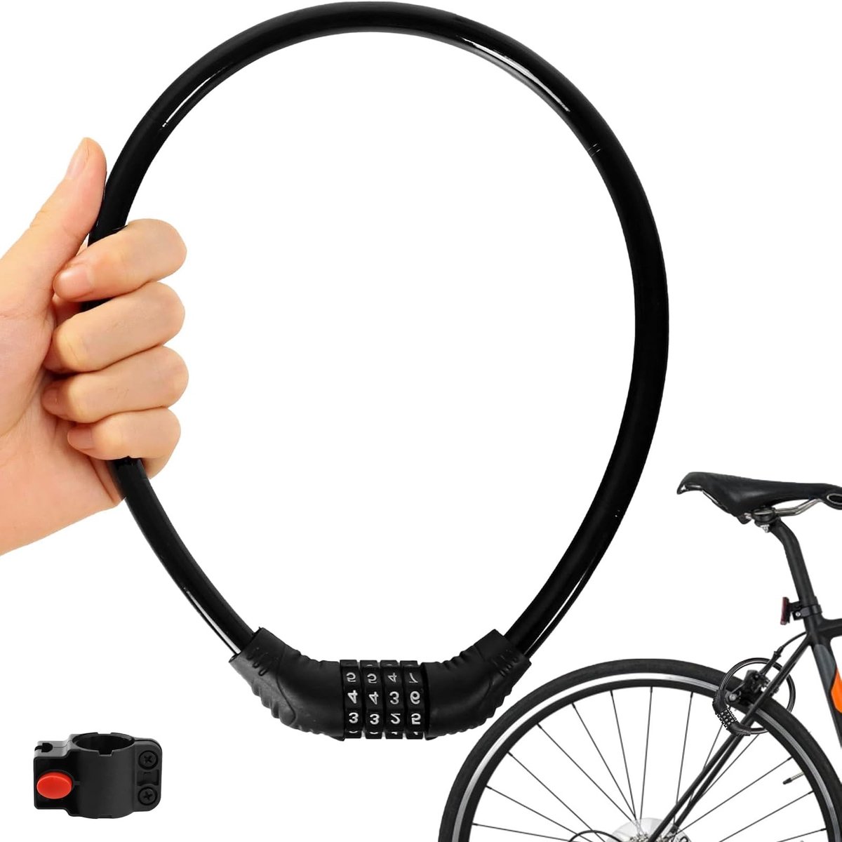 BRENZOOS- Fietslot 150 cm - 4-cijferig Combinatieslot - Robuust Staal - Antidiefstal Beugel - Inclusief Houder - Verstelbare Code - Slot