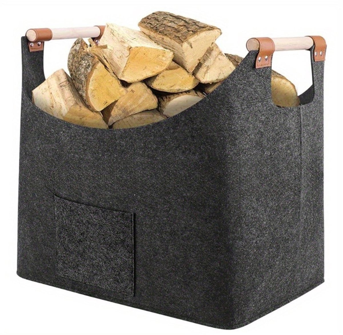 BRENZOOS- Houtmand 60 Liter - Houtmand Riet - Robuuste Mand - Antislip Handvatten - Voor Haardhout - Elegante Leerapplicaties - Haardhoutmand