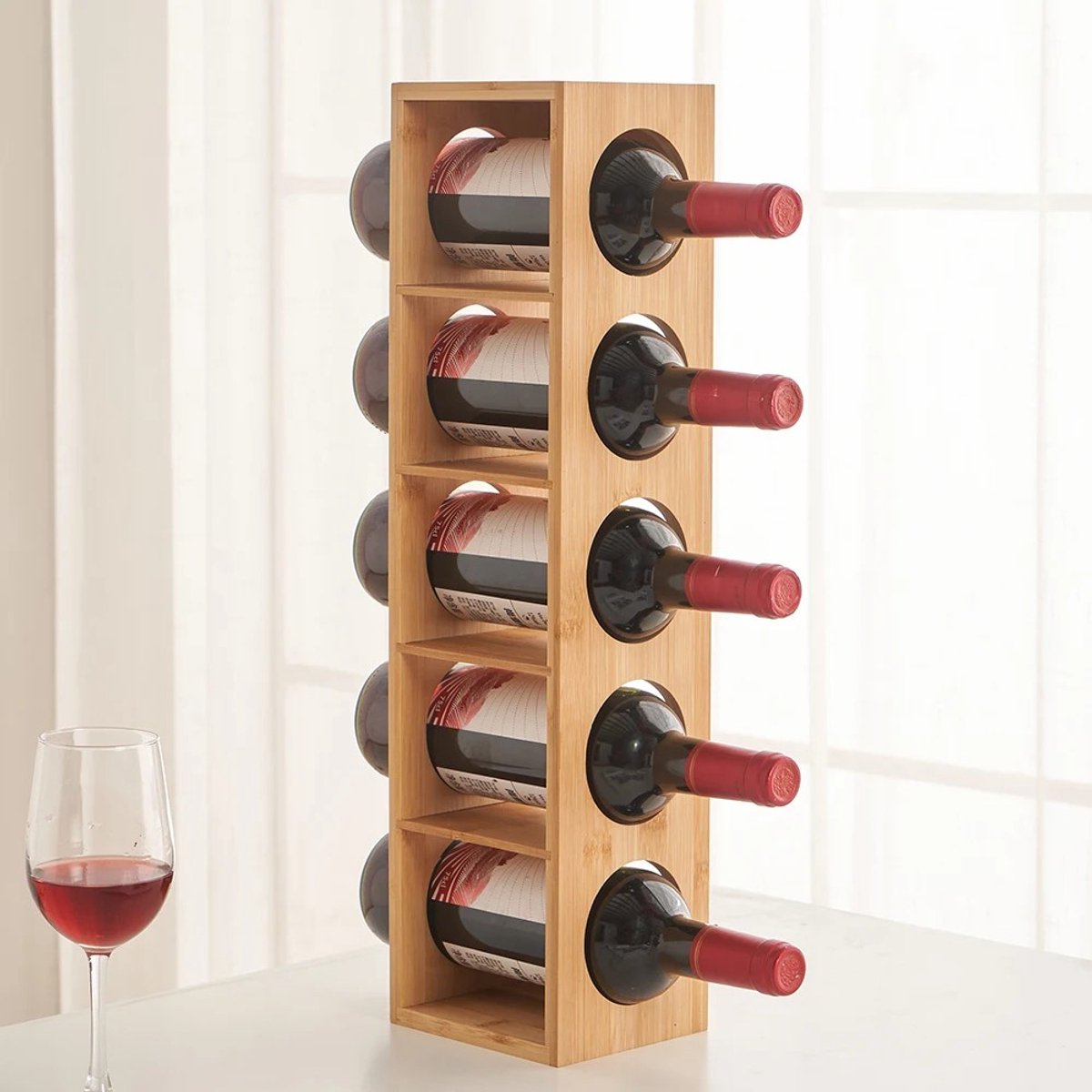 LIVIA HOME - Dailygoods Bamboe wijnrek 13,5 x 12 x 53 cm 5 sleuven 5-laags wijnflessenhouder Houten wijnrek 5-laags horizontaal, natu