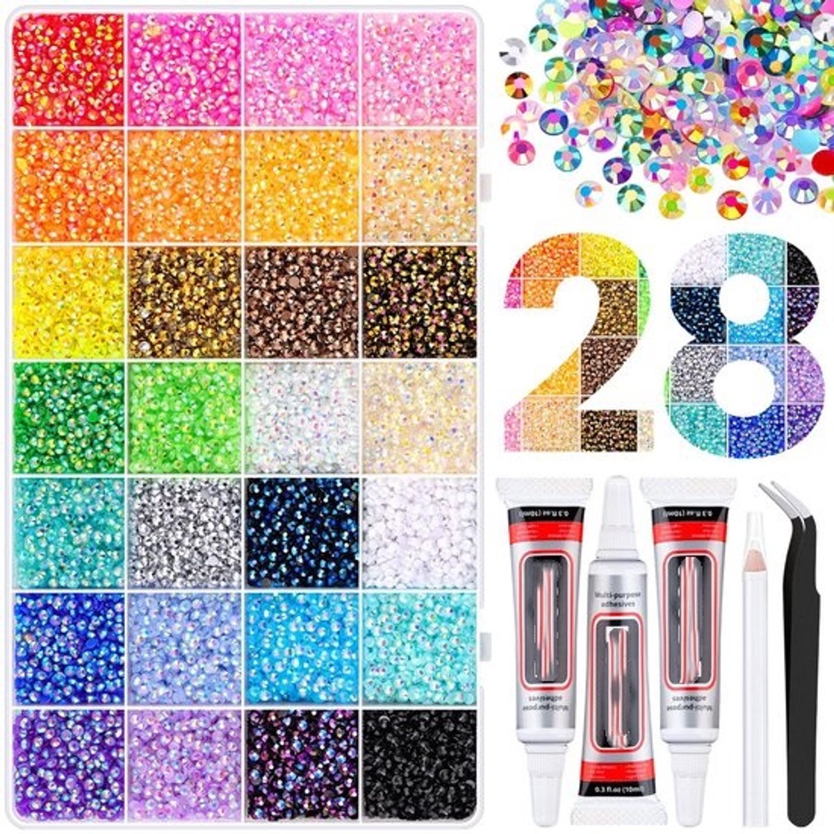 ECTEATOY® Strasssteentjes Set - 30.000 Stuks - 28 kleuren - Nail Art Strass DIY - 3 Lijm met pincet - plaksteentjes - Voor Kleding, Boeken, Schoenen, Nagels en Kunst