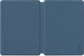 Blauw stof hoesje voor e-reader, opengeklapt met BOOX logo.