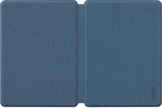 Blauw stof hoesje voor e-reader, opengeklapt met BOOX logo.