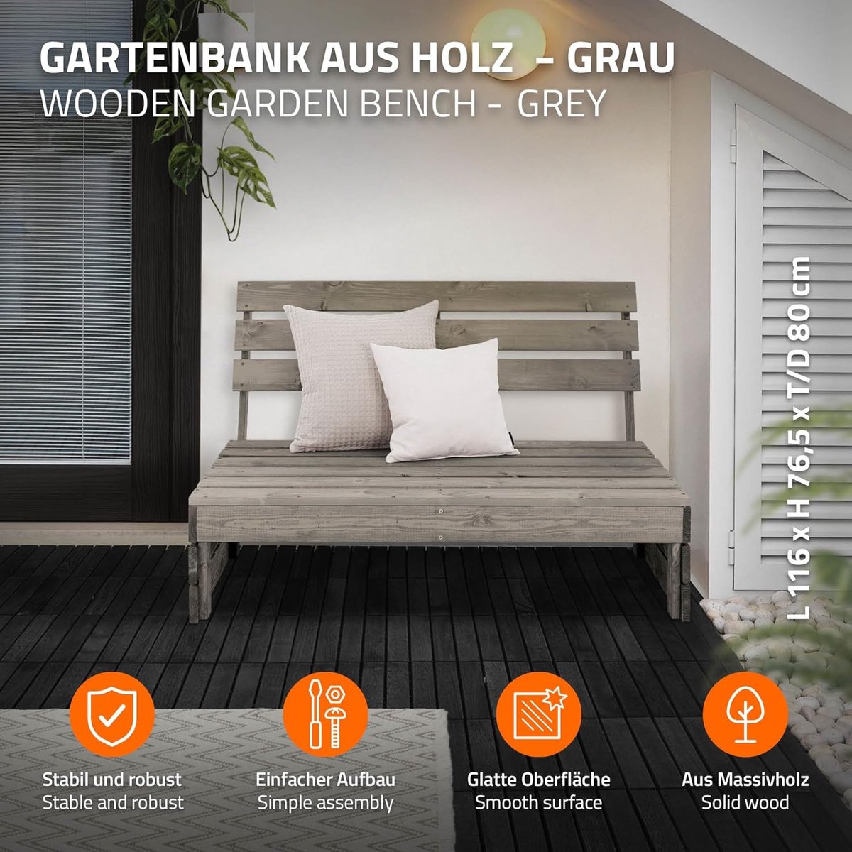 Luxe 3-Zits Tuinbank (120x76,5x80 cm) met 2 Comfortabele Adirondack Tuinstoelen (92,5x69,5x89 cm) – Duurzaam Massief Grenen- en Vurenhout – Weerbestendige Parkbank & Lounge Fauteuils met Brede Armleuningen – Grijs