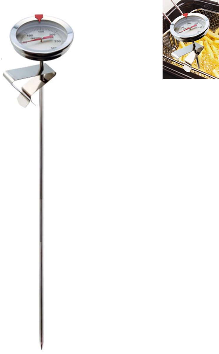 Keukenthermometer - Voedselthermometer - Bakthermometer - Siroopthermometer – 35,2 x 5,5 cm - Nauwkeurige temperatuurmeting - Met clip te bevestigen - Geschikt voor het bakken van ingrediënten, en voor alledaags stoven en braden - Zilver