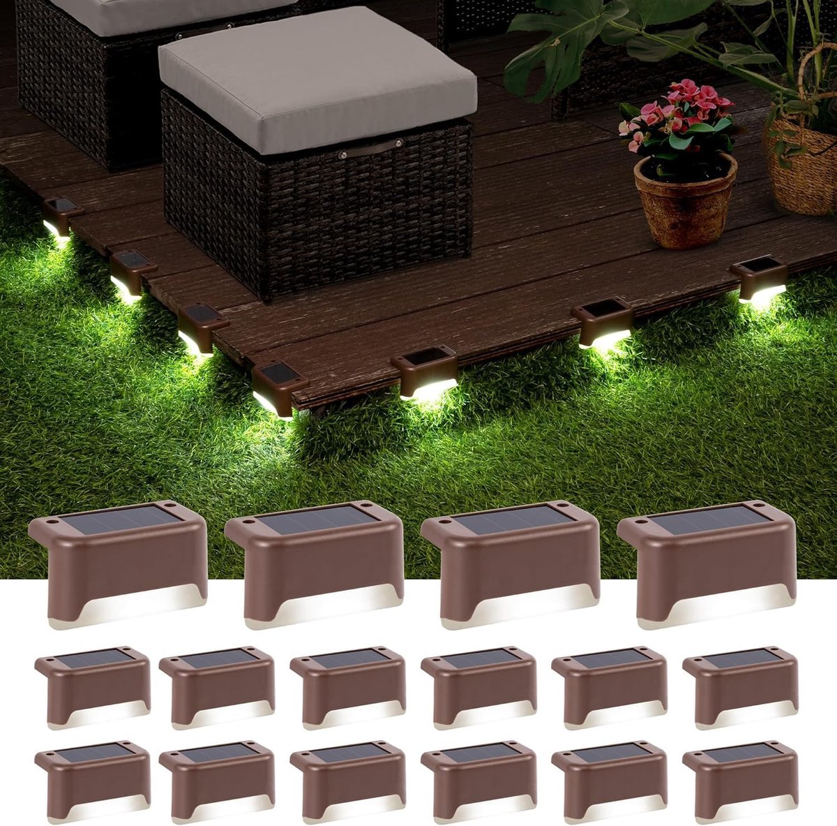 Buitenverlichting op zonne-energie, 16 waterdichte LED-lampen op zonne-energie, geschikt voor trappen, treden, hekken, balustrades, patio's en terrassen (koel wit licht).