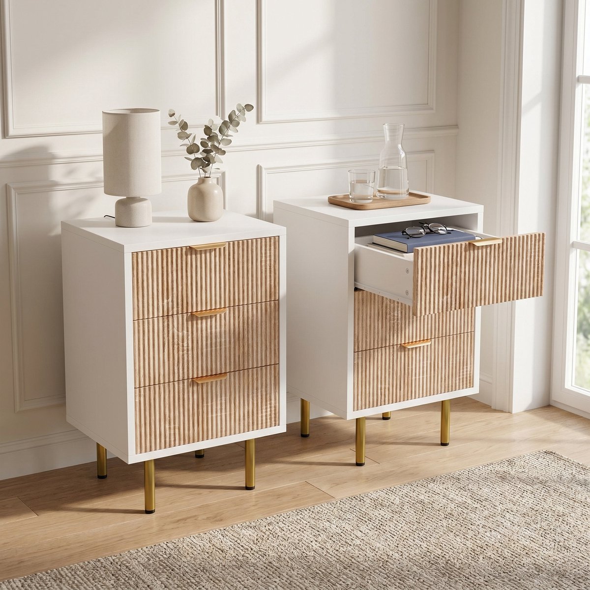 Set van 2 Nachtkastjes - 40x40x65cm - met 3 lades - geribbelde fronten - hout en metaal - modern - Wit
