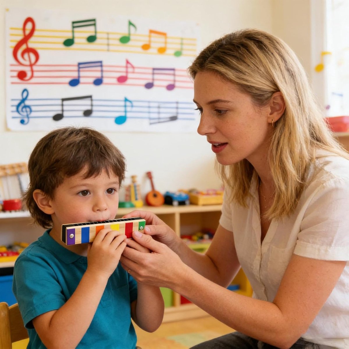 Kindermondharmonica - Houten muziekinstrument - Muziek maken - Dubbele rij 16 gaten - 135 cm - Meerkleurig
