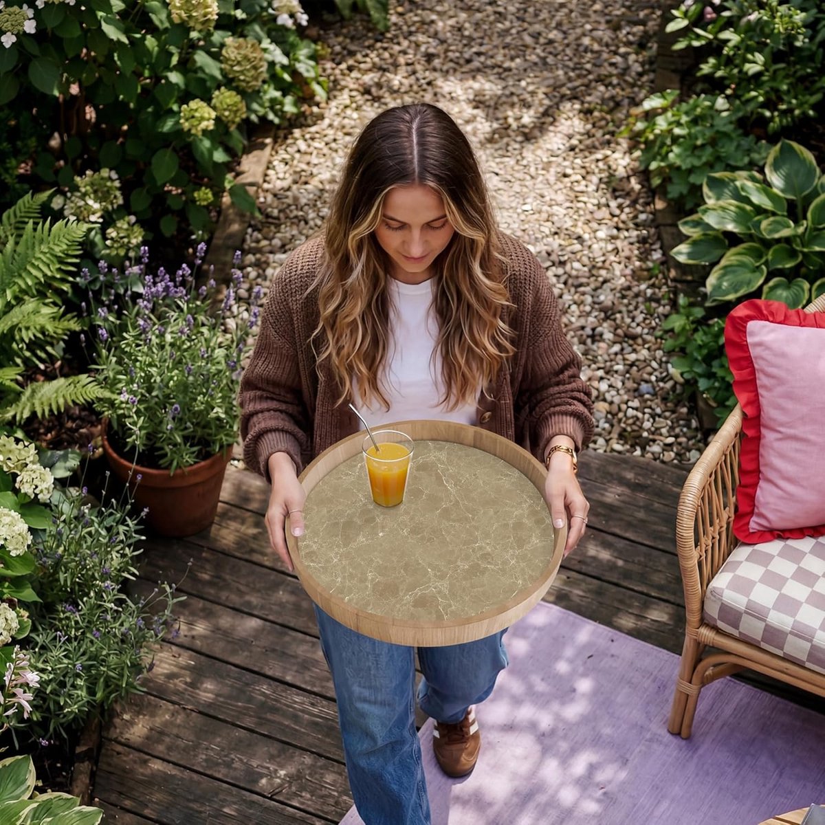 Houten Dienblad Rond - Serveerschaal Handgrepen - Ontbijt Op Bed - Krasbestendig Hittebestendig - 50x50 cm - Marmer Beige — cadeau in Cadeau-ideeën - foto 7