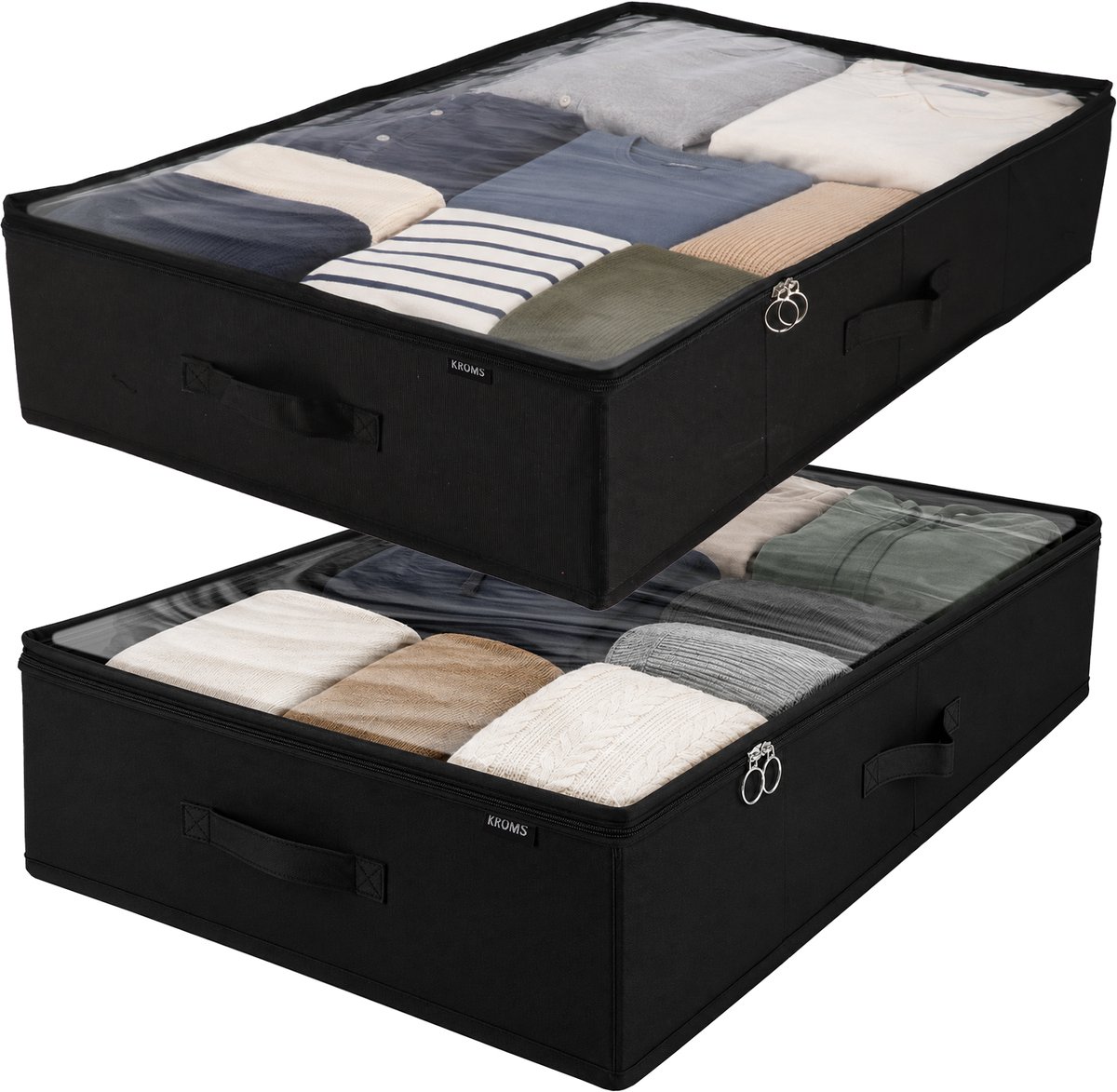 KROMS Under bed organizer set van 2 – Zwart – 80 x 50 x 15 cm – Premium opbergtas onder bed – Voor kleding, dekbedden & beddengoed – Opvouwbare kast organizer met rits