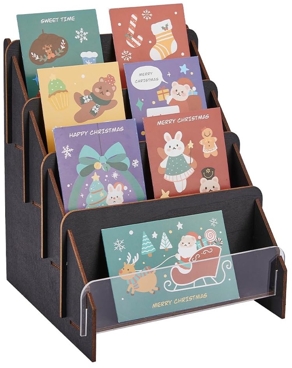 Dailygoods- Kaartenrek 4-laags Houten Display - Wenskaart Houder - Sieraden Organizer - Draagbare Plank - Zwart - Afmetingen 24,5 x 30 cm - Displaystand