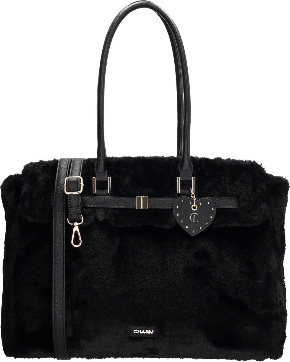 Charm London Stockholm Laptoptas - Faux Bont - 15.6 Inch Laptopvak - Werktas - Schoudertas - Bag Charm - Dames - Schooltas - A4 - Zwart