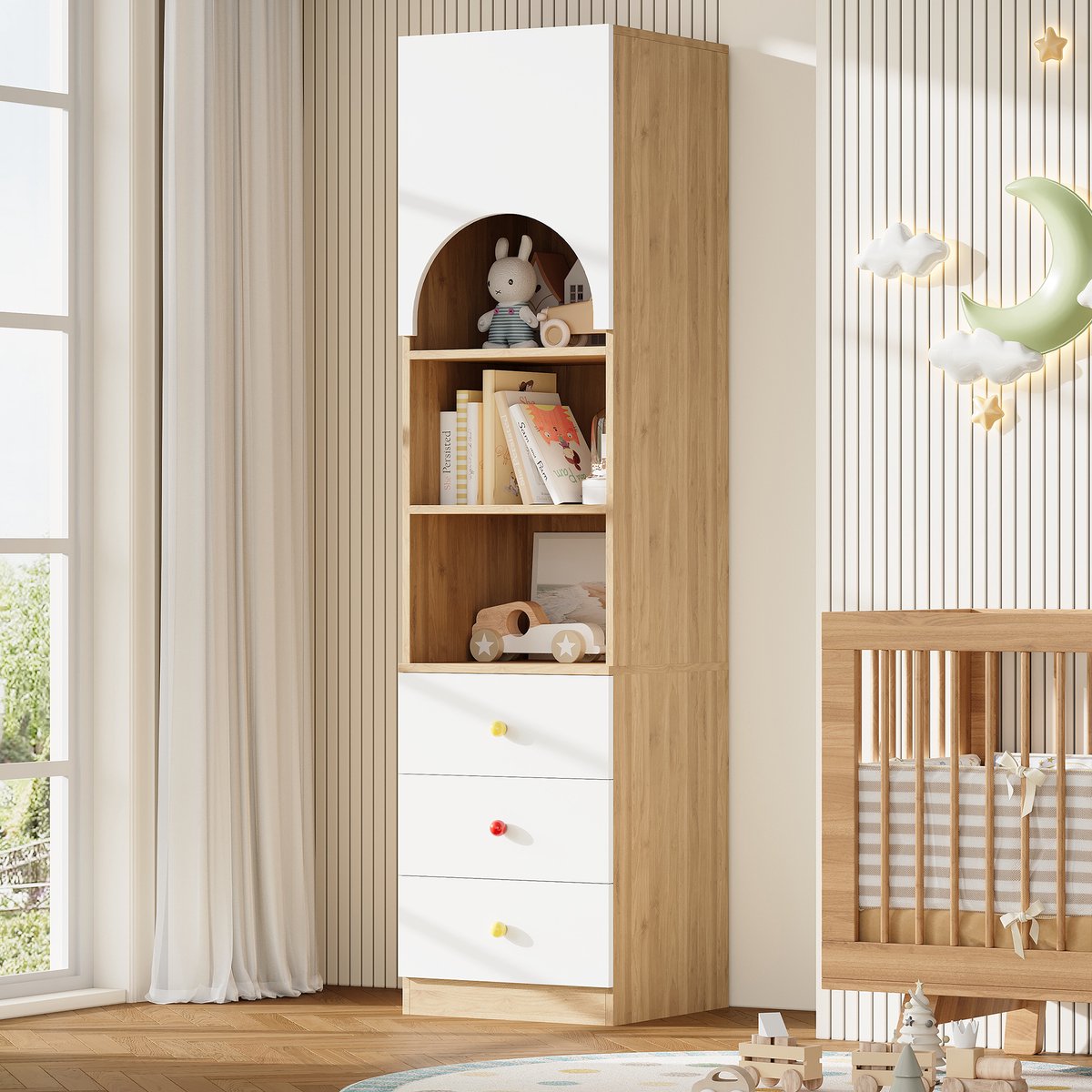 Boekenkast Met Laden - Opbergkast Met Deuren En Planken - Wit Houtlook - Hoge Vakkenkast