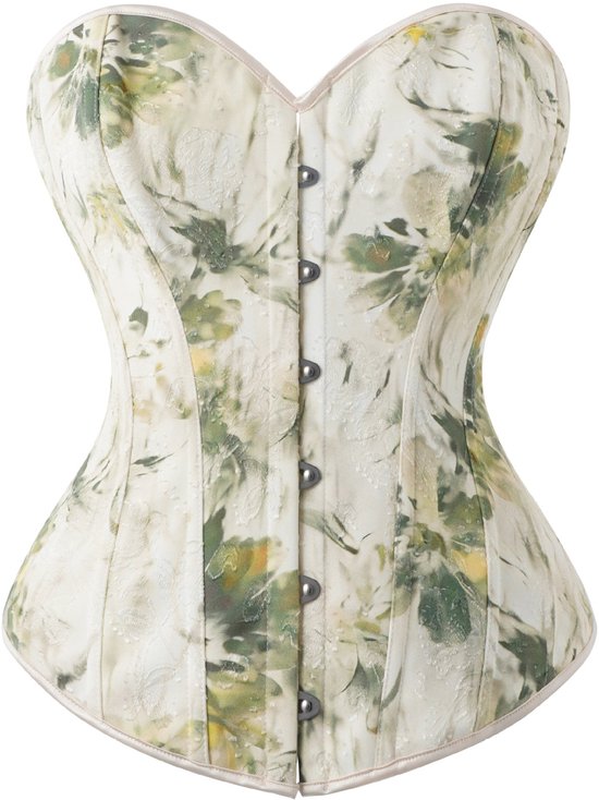 Strapless korset met bloemenprint in groen en geel, met knoopsluiting aan de voorkant.