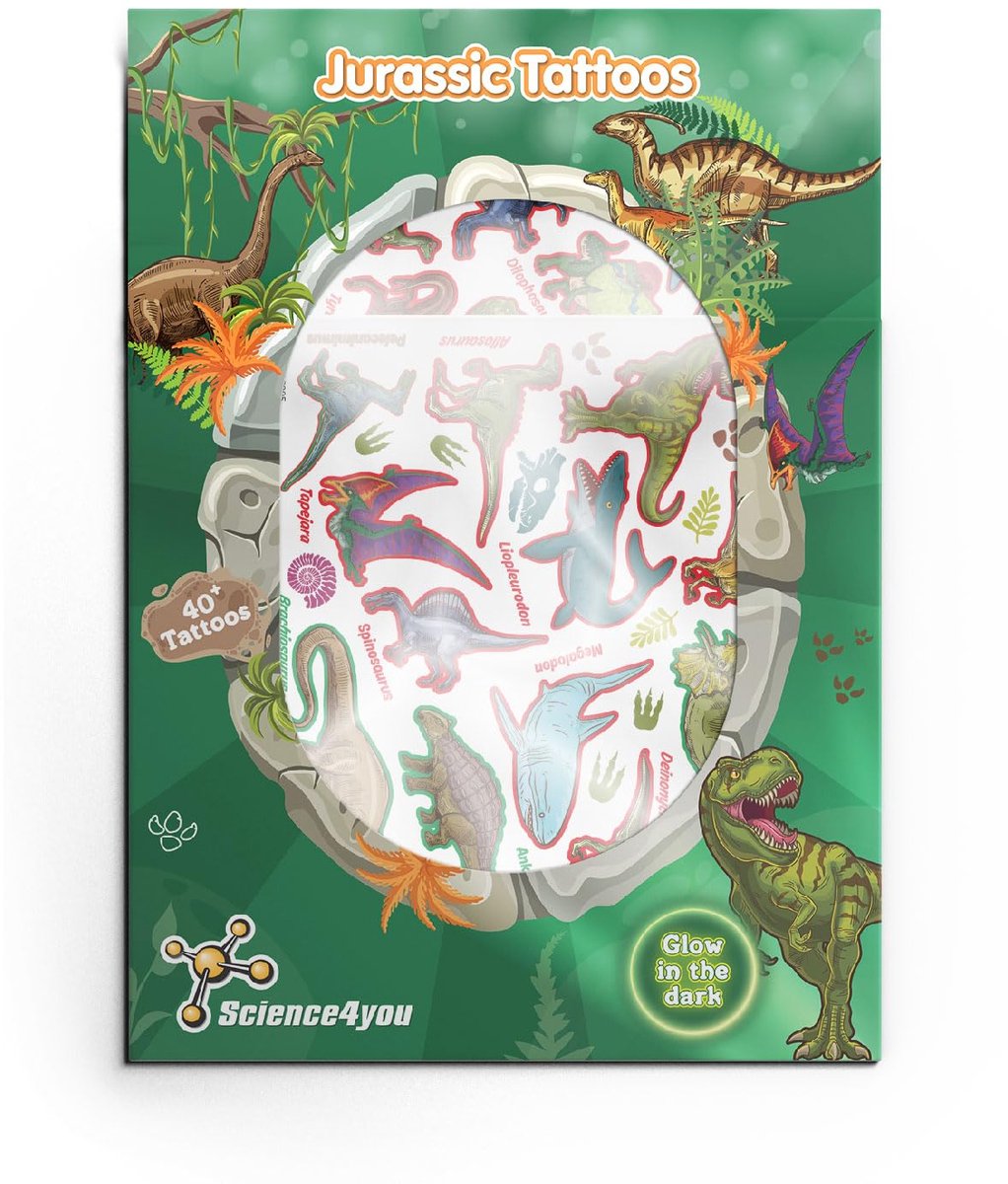 Science4you Tijdelijke tatoeages - Kit van Transfer Tattoos voor Kinderen met meer dan 40 Dinosaurus tatoeages, het perfecte Party Cadeau voor Jongens & Meisjes Leeftijd 5 6 7 8 9+