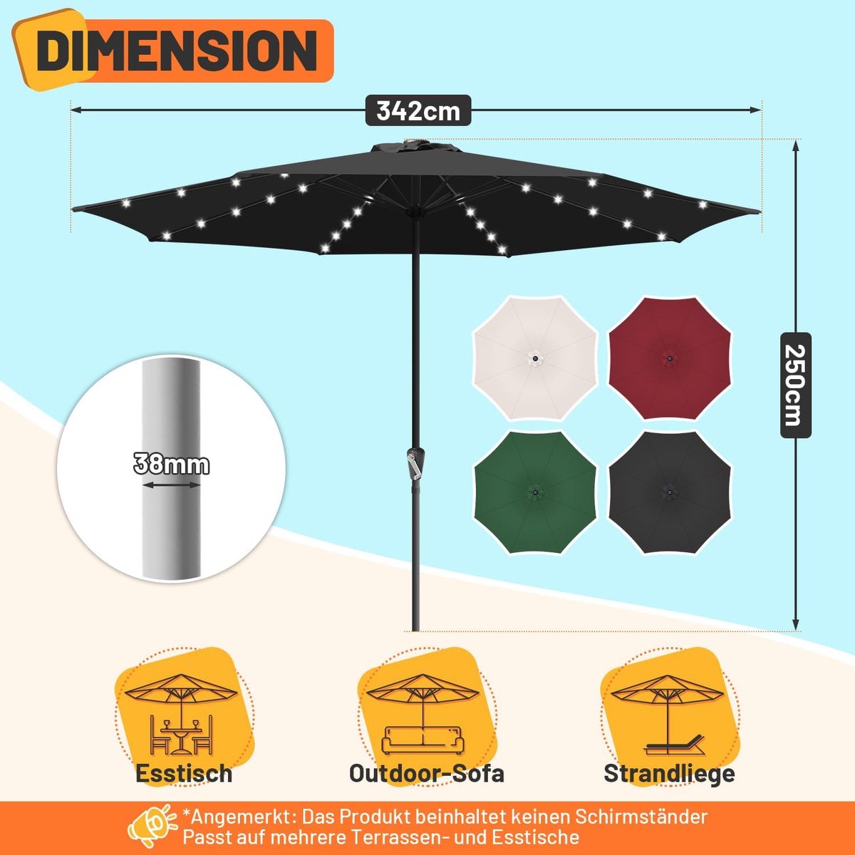 Stokparasol - 350CM - Parasol - Tuin - met LED - UV50+ - Waterdicht - Balkonparasol - Zweefparasol - Beige – foto 3