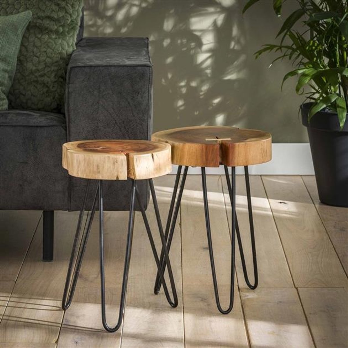 PS-Collection Bijzettafel Acaciahout Metaal Set van 2 Trunk - bijzettafels, bijzettafel buiten, bijzet tafel, bijzettafel metaal met hout, bijzettafel vierkant, bijzettafel rond, bijzettafel industrieel,