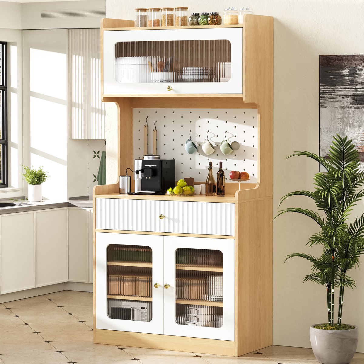 HAUSS SPOLE Buffetkast - Met Ledverlichting En Verstelbare Planken - Voor Keuken Woonkamer En Eetkamer - MDF En Spaanplaat - 80x40x180 Cm Natuurlijk en Wit