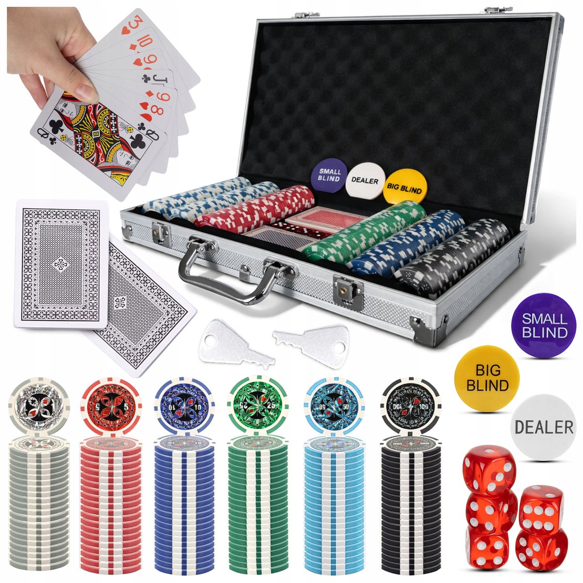 Poker Set: 300 Chips, Aluminium Koffer, Kaarten, Dobbelstenen