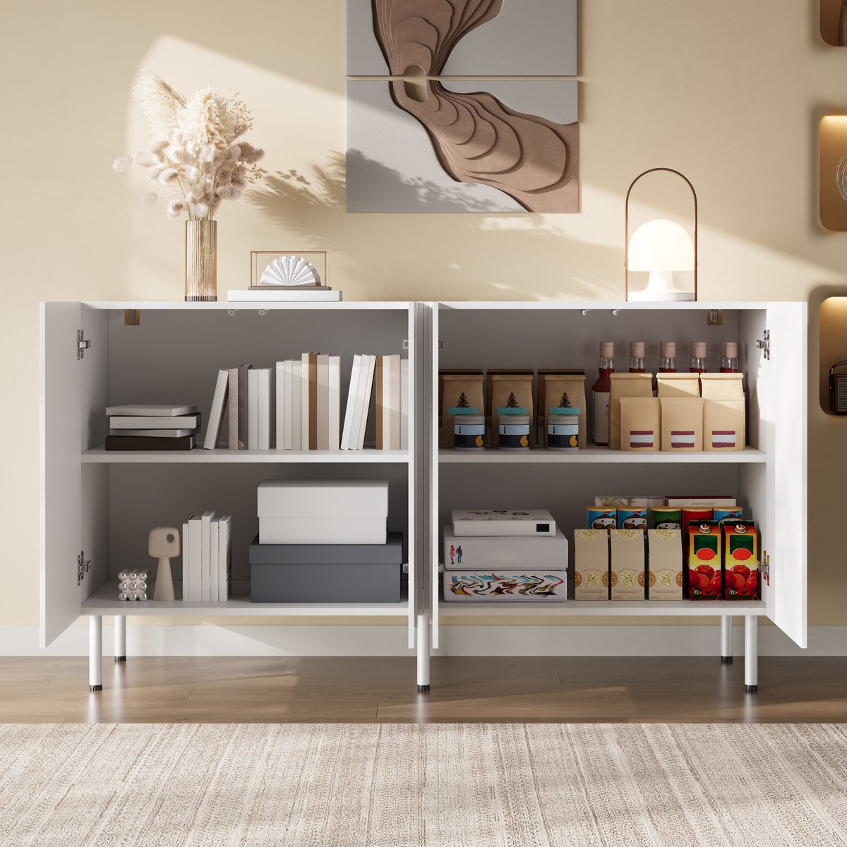 HAUSS SPOLE Dressoir - 3D Gebogen Deuren Met Greeploos Ontwerp - Opbergkast Voor Woonkamer En Hal - MDF En Spaanplaat - 140x40x77,5 Cm - Wit