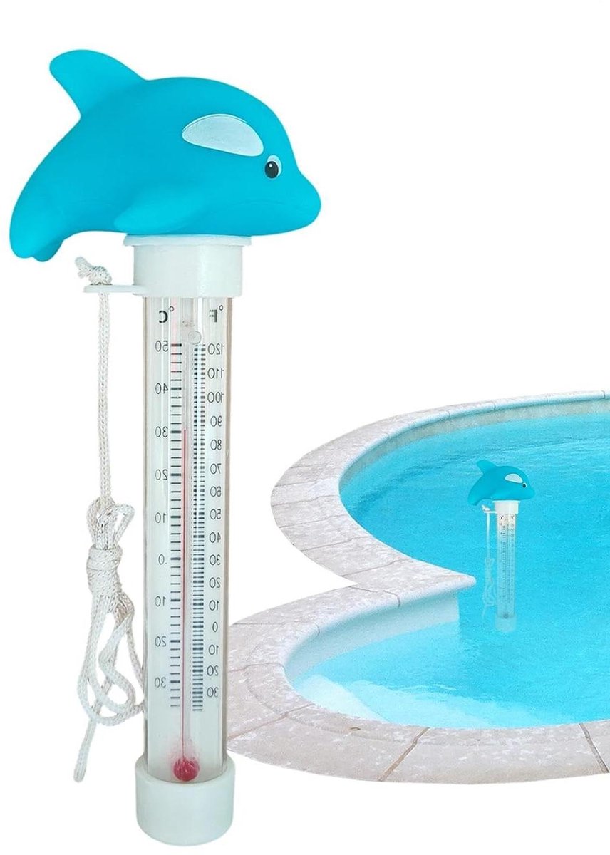 Zwembadtemperatuurmeter - Water thermometer - Water temperatuur meten - Drijvend cartoon design - 20 cm lengte - Blauwe dolfijn