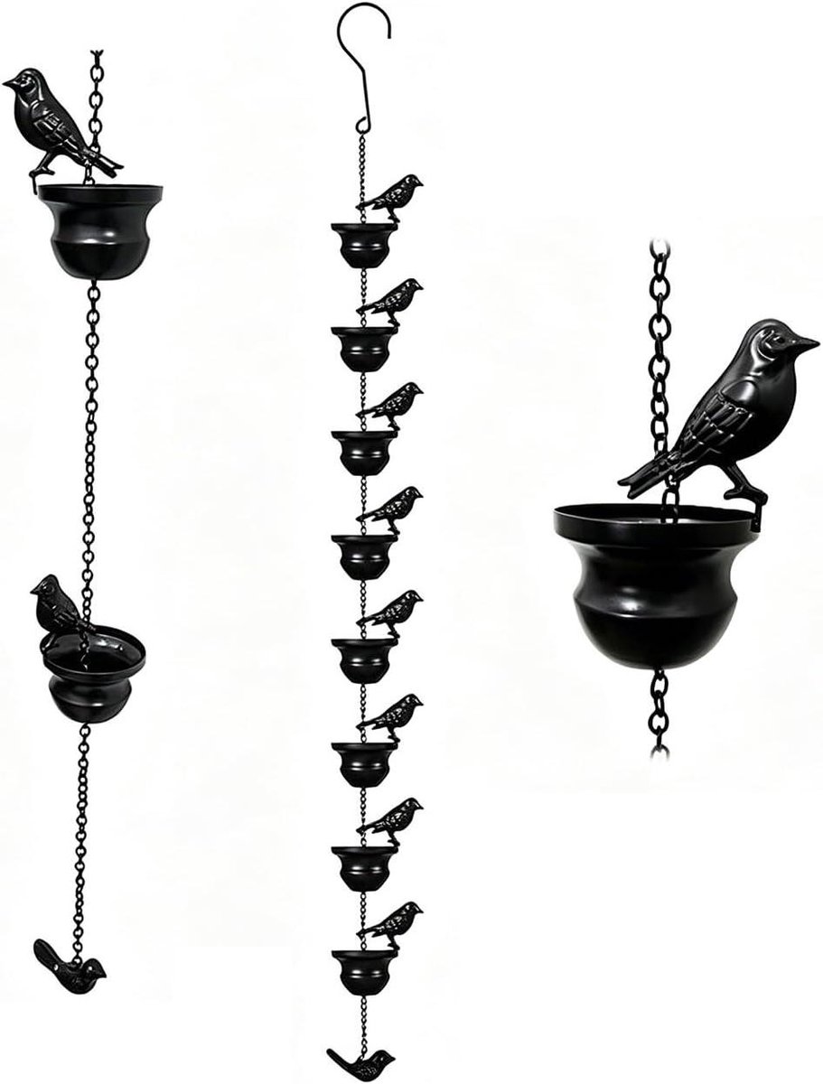 Regenkettingen - Waterafvoer Ketting - Tuindecoratie - Vogel en beker ontwerp - 24 meter - Zwart