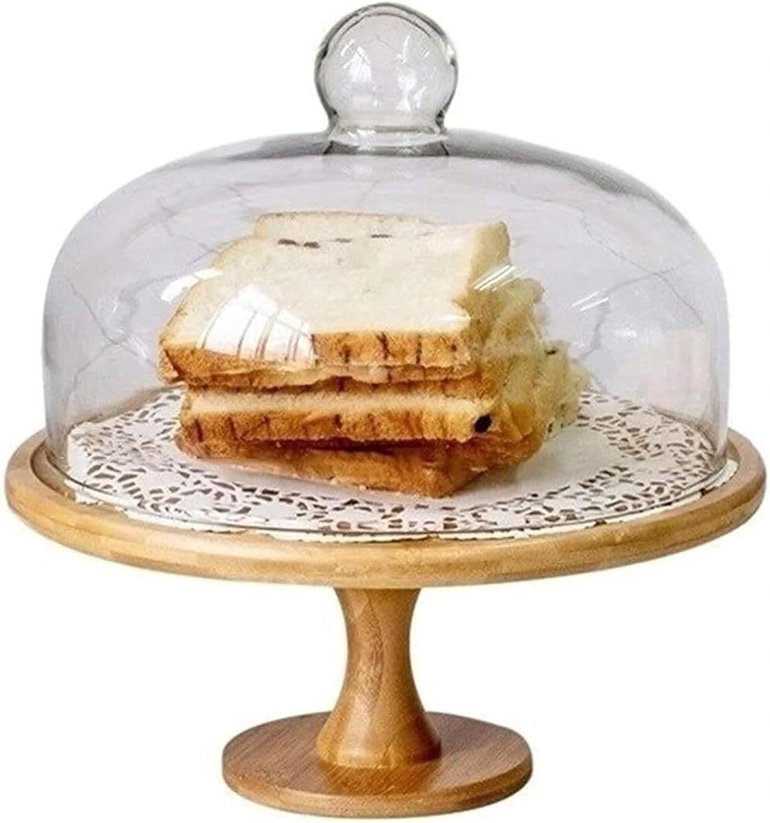 Taartplateau Met Deksel - Dessert Presentatie - Feestelijke Decoratie - Houten Basis Glazen Koepel - 24x24x25.5cm - Natuurlijk Hout