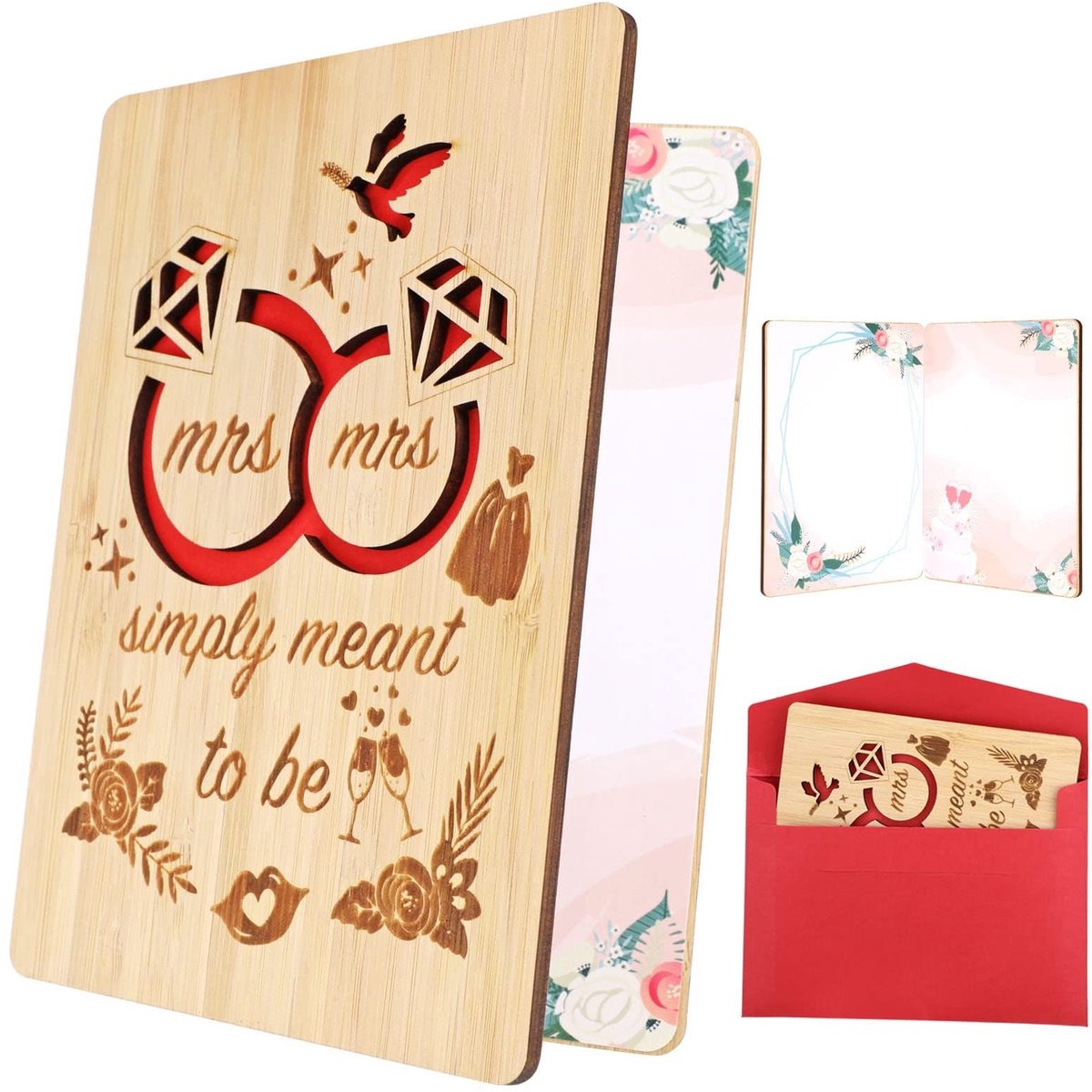 VLEMICO- Gefeliciteerd Kaart Houten - Bruiloft Wenskaart - Verlovingsdag Kaart - Bruidsdouche Kaart - Unieke Houtnerf - 5,9 x 4,3 inch