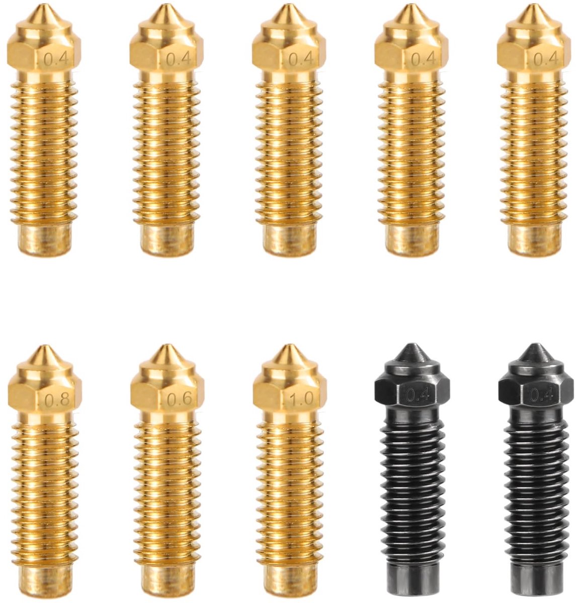 VLEMICO- 3D-printer mondstuk 10 stuks - Messing/Gehard Staal - 5 x 0,4 mm - 1 x 0,6 mm - 1 x 0,8 mm - 1 x 1,0 mm - Goudkleurig/Zwart - 3D-printer Spuitmond