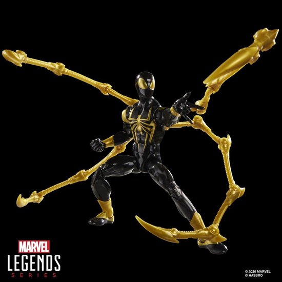 Iron Spider (Aaron Davis) met vier mech-armen, in zwart met gouden spinnenweb-details, in actiepose.