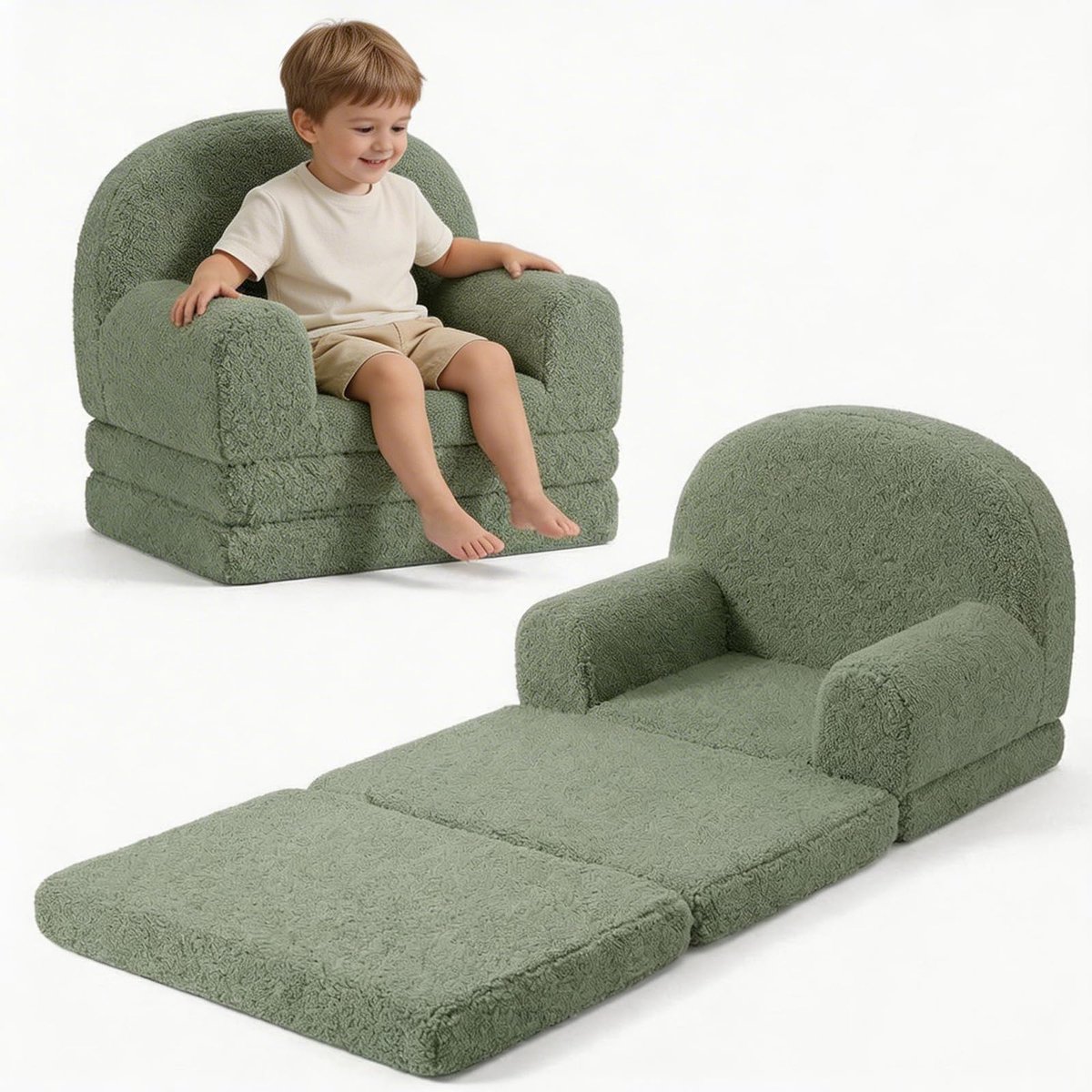 Triumpunpre 2-in-1 Opvouwbare Kindersofa & Lounge Fauteuil - Zachte Teddyfleece Kinderstoel met Verwijderbare Hoes - Semi-Circulair Design - Inklapbare Kinderbank als Loungebank - Groen