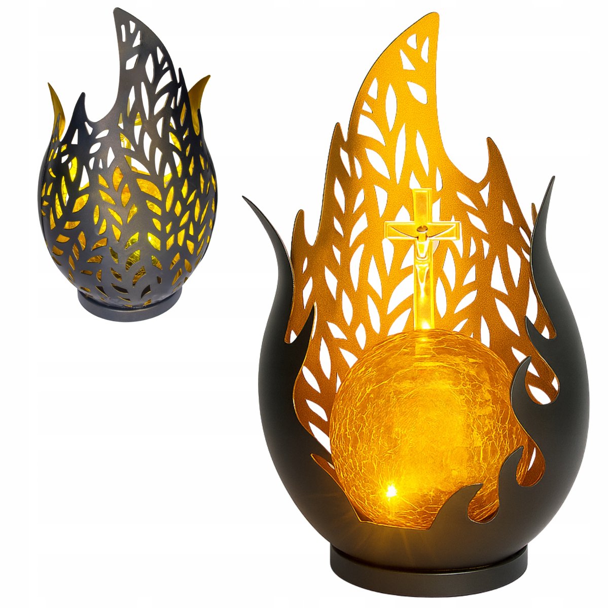 Zonne-lantaarn Grafsteen met LED en Gouden Kruis - Gedenklicht