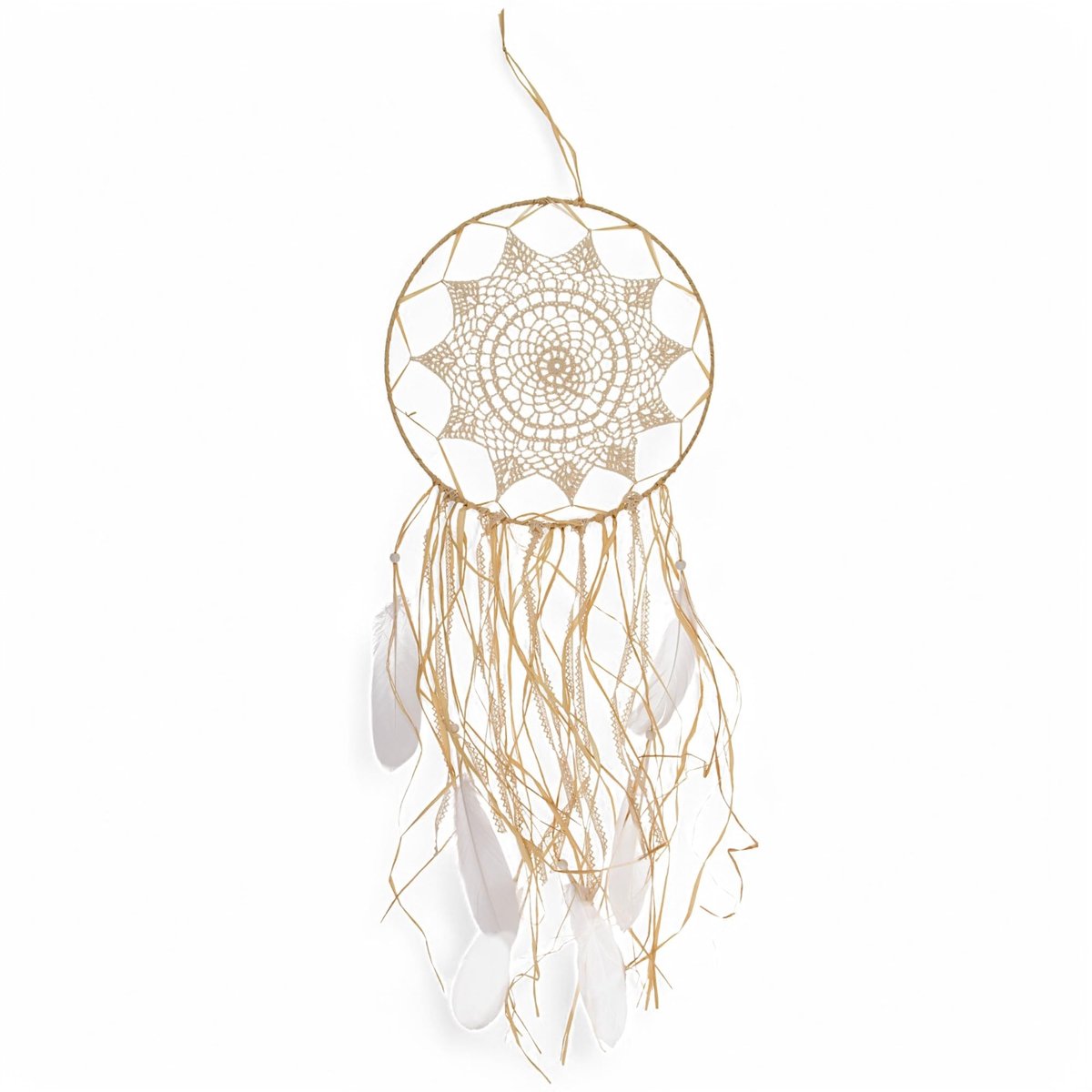 Dailygoods- Dromenvanger handgemaakt - Boho-decoratie - Crème met veren - Natuurlijke materialen - Afmeting ca. 67 x 30 cm - Harmonieuze blikvanger - Wanddecoratie
