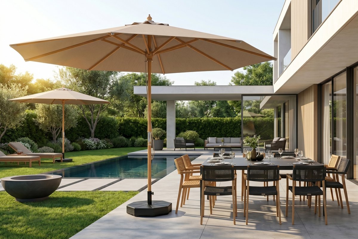 Feel Furniture - Luxe Eikenhouten Parasol met Olefin Stof - 3 Meter - Donker Beige
