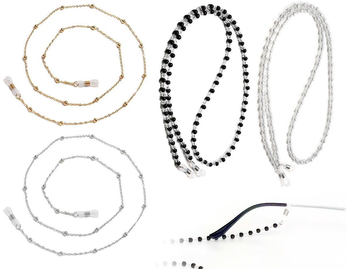 Dailygoods - Brillenkettingen - Kleurrijk brillenkoord - Stijlvolle accessoires - Zwart Wit Goud Zilver - Voor dames - Set van 4