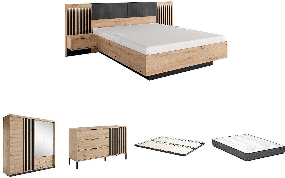 Vente-unique Set bed met nachtkastjes 160 x 200 cm + bedbodem + matras + ladekast + kast - Kleur: naturel en zwart - ARIADA