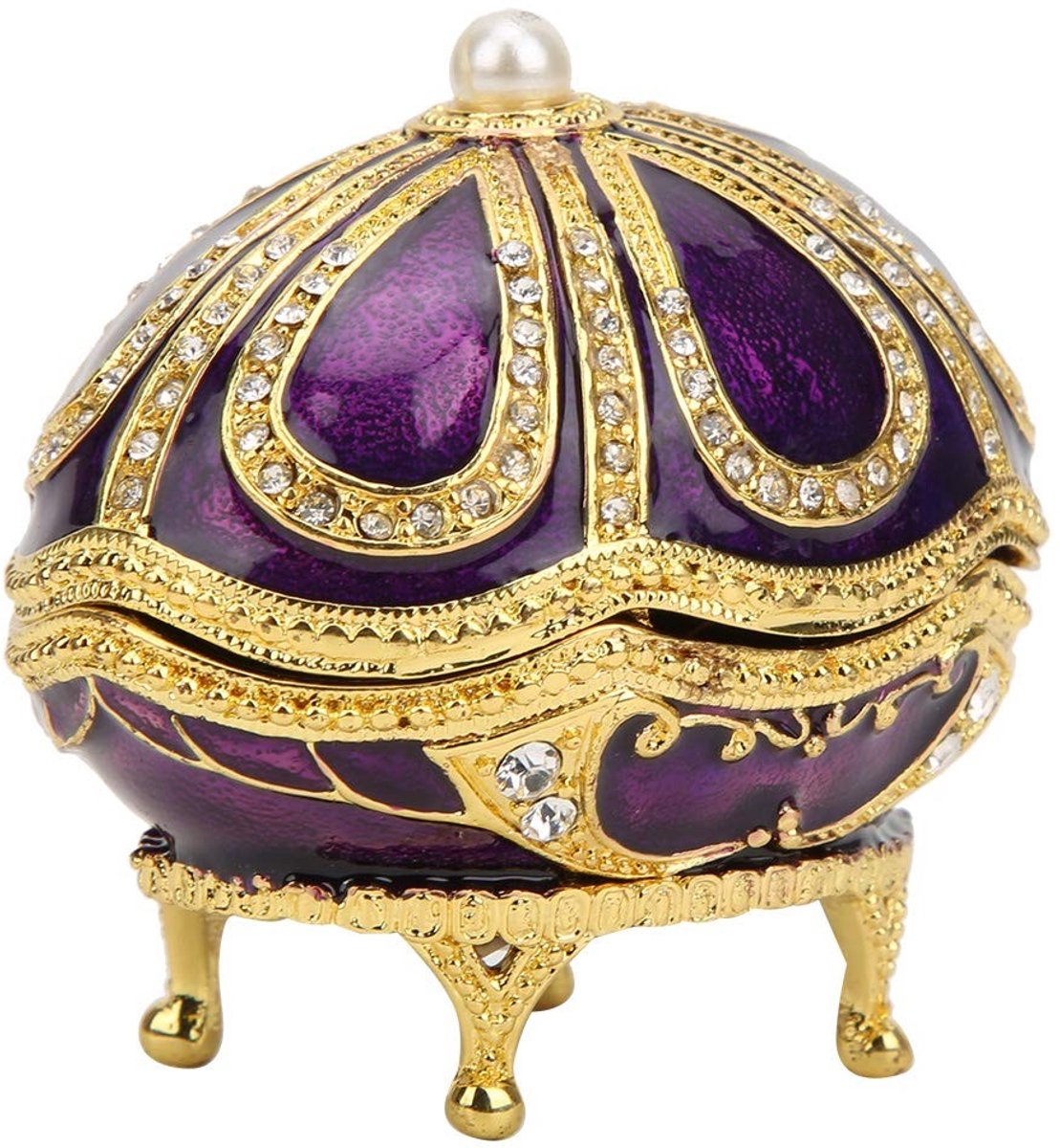 Dailygoods- Sieradenbox Uniek Faberge Ei - Decoratieve Opbergdoos - Emaille Afwerking - Paarse Strass - Perfect voor Juwelen - Inclusief Knutseldecoratie