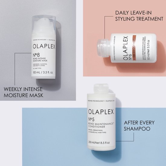 Collage van OLAPLEX producten: Nr. 8 vochtmasker, Nr. 6 styling treatment, Nr. 5 conditioner.