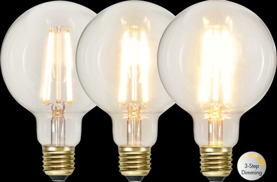 3 standen - G95 bol - E27 - 6.5W - Super Warm Wit <2200K - Filament - Helder