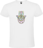 Wit T-shirt met Hamsa Hand in Roze, Zacht Groen, Zacht Geel kleuren size L