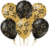 6x stuks Leeftijd verjaardag feest ballonnen 25 jaar geworden zwart/goud van 30 cm- Feestartikelen/versiering