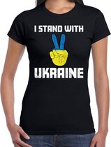 I stand with Ukraine t-shirt zwart dames - Oekraine protest/ demonstratie shirt met Oekraiense vlag in vingers S