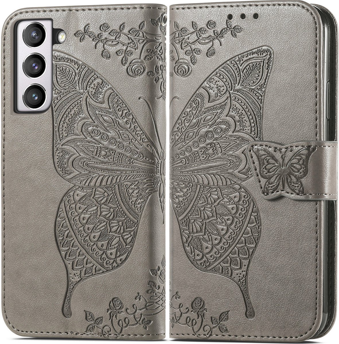 Bookcase geschikt voor Samsung Galaxy S21 FE - Grijs - Vlinder - Portemonnee Hoesje