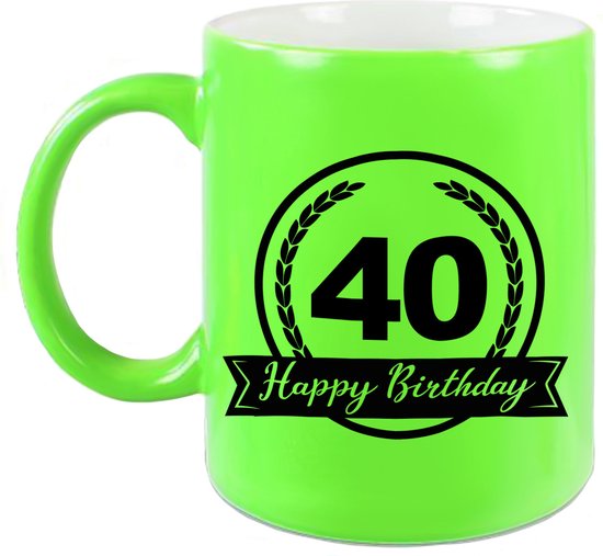 Foto: Happy birthday 40 years cadeau mok beker met wimpel 330 ml neon groen verjaardagscadeau