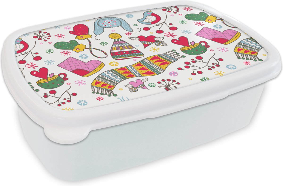 Broodtrommel Wit - Lunchbox - Brooddoos - Patronen - Winter - Kerst - 18x12x6 cm - Volwassenen