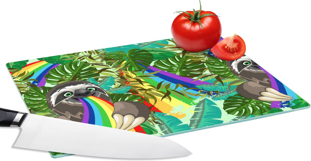 Glazen Snijplank - 28x20 - Luiaard - Regenboog - Bladeren - Patronen - Snijplanken Glas