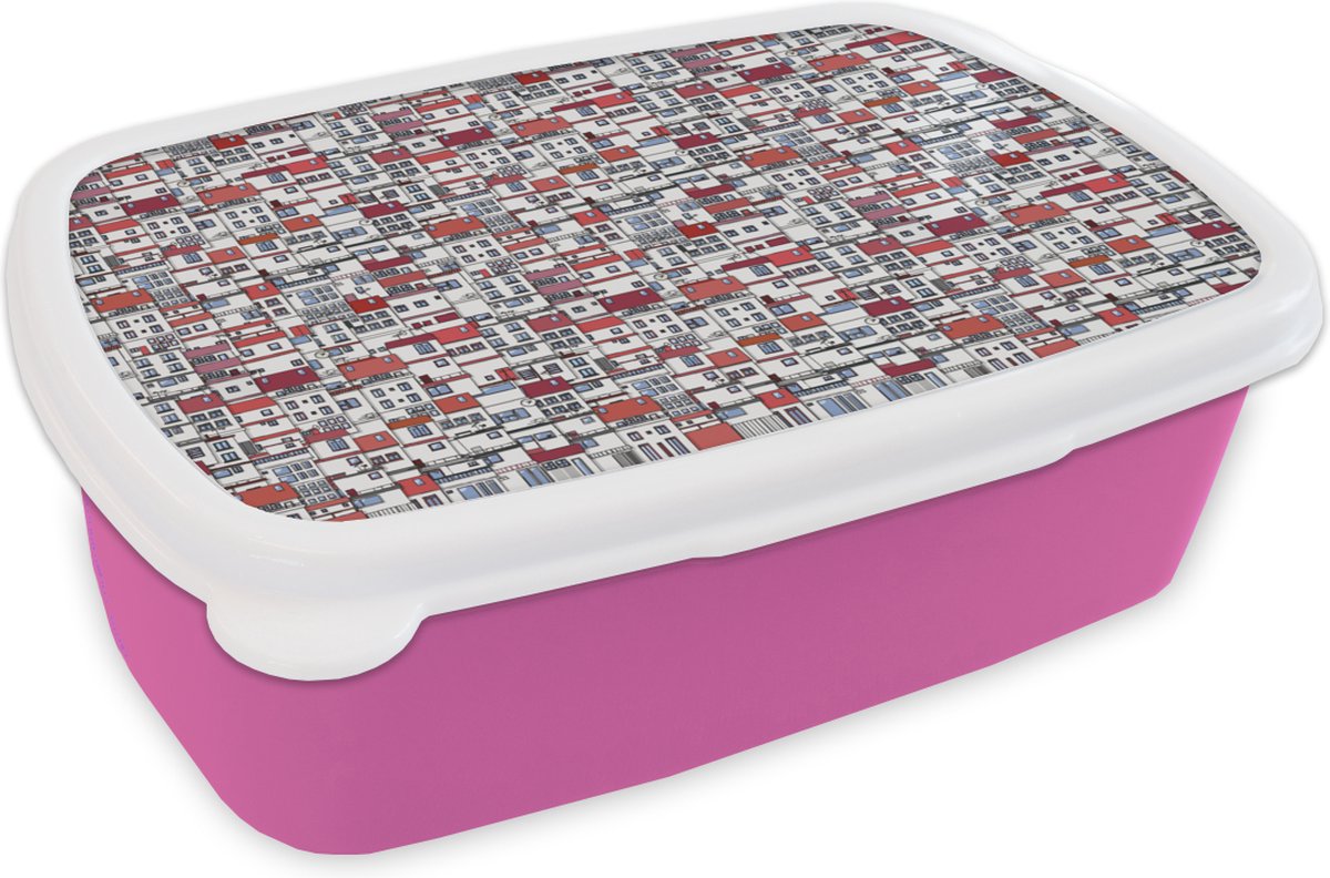 Broodtrommel Roze - Lunchbox - Brooddoos - Stad - Patroon - Huizen - 18x12x6 cm - Kinderen - Meisje