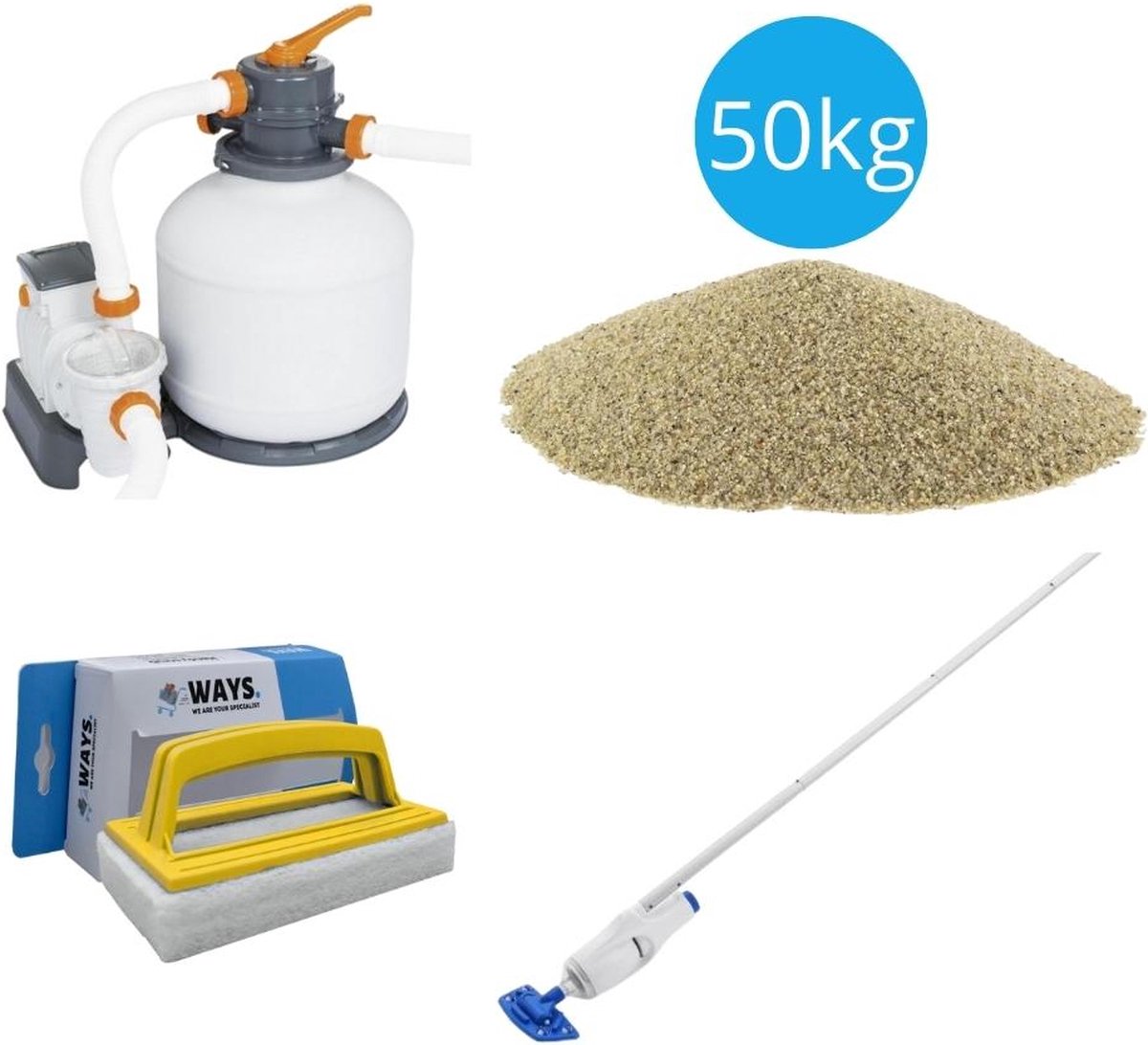 Bol.com Bestway - Zwembadstofzuiger AquaReach & Zandfilterpomp 5678 L/u & Filterzand 50 kg & WAYS Scrubborstel aanbieding