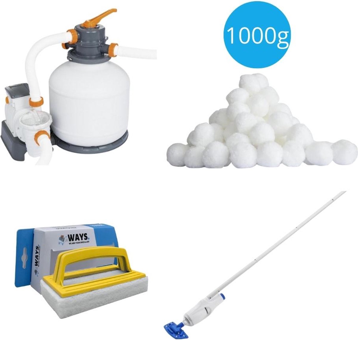 Bestway - Zwembadstofzuiger AquaReach & Zandfilterpomp 5678 L/u & Filterbollen 1000 g & WAYS Scrubborstel